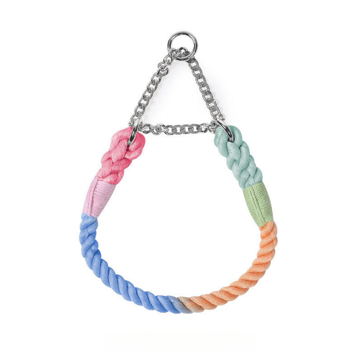 Hand-woven Rainbow Cotton Pet Dog Leash P-Type Metel Chain Collar