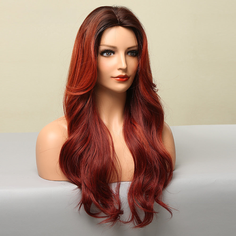 Middle Part Gradient Red Big Wave Long Curly Hair Headgear Wig Wholesale