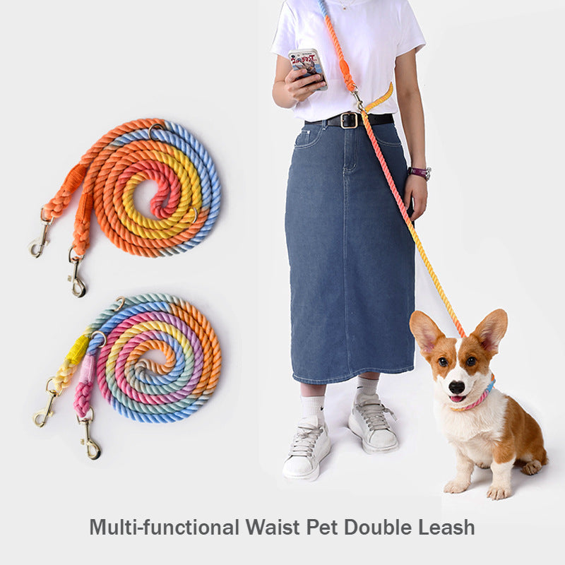 Woven Cotton Multi-functional Waist Pet Double Leash P-Type Collar