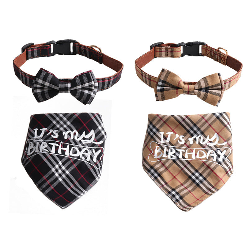 Plaid Pattern Birthday Triangle Towel Saliva Bib Bow Pet Collar