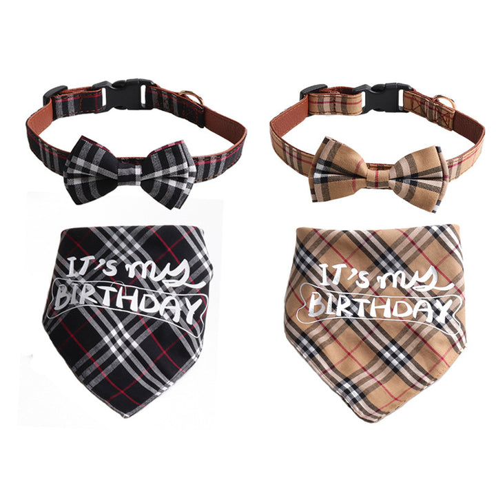 Plaid Pattern Birthday Triangle Towel Saliva Bib Bow Pet Collar