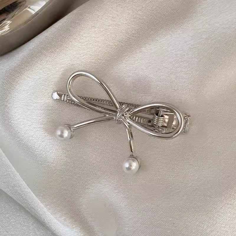 Alloy Bow Inlaid Pearl Bangs Duckbill Hair Clip Hair Accessories Wholesale