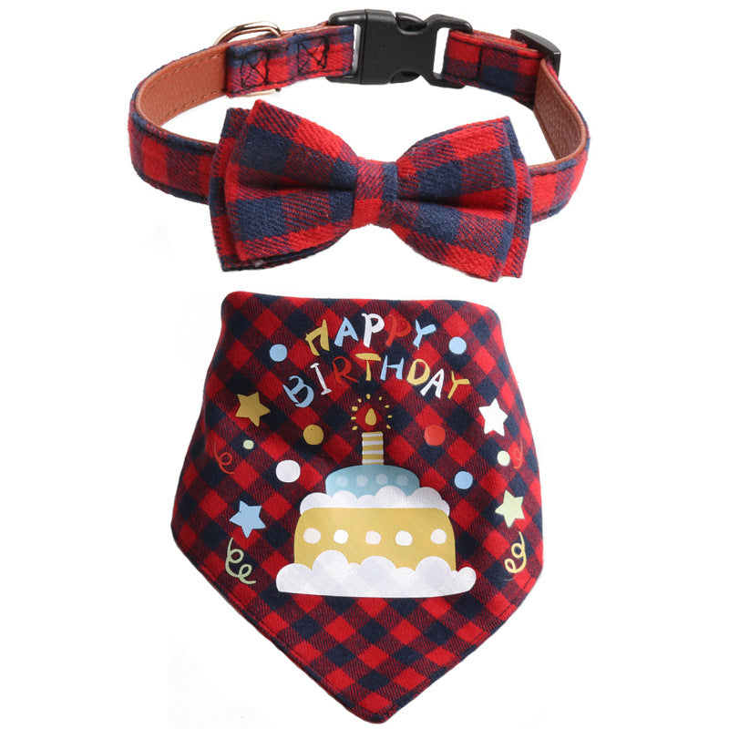 Plaid Pattern Birthday Triangle Towel Saliva Bib Bow Pet Collar