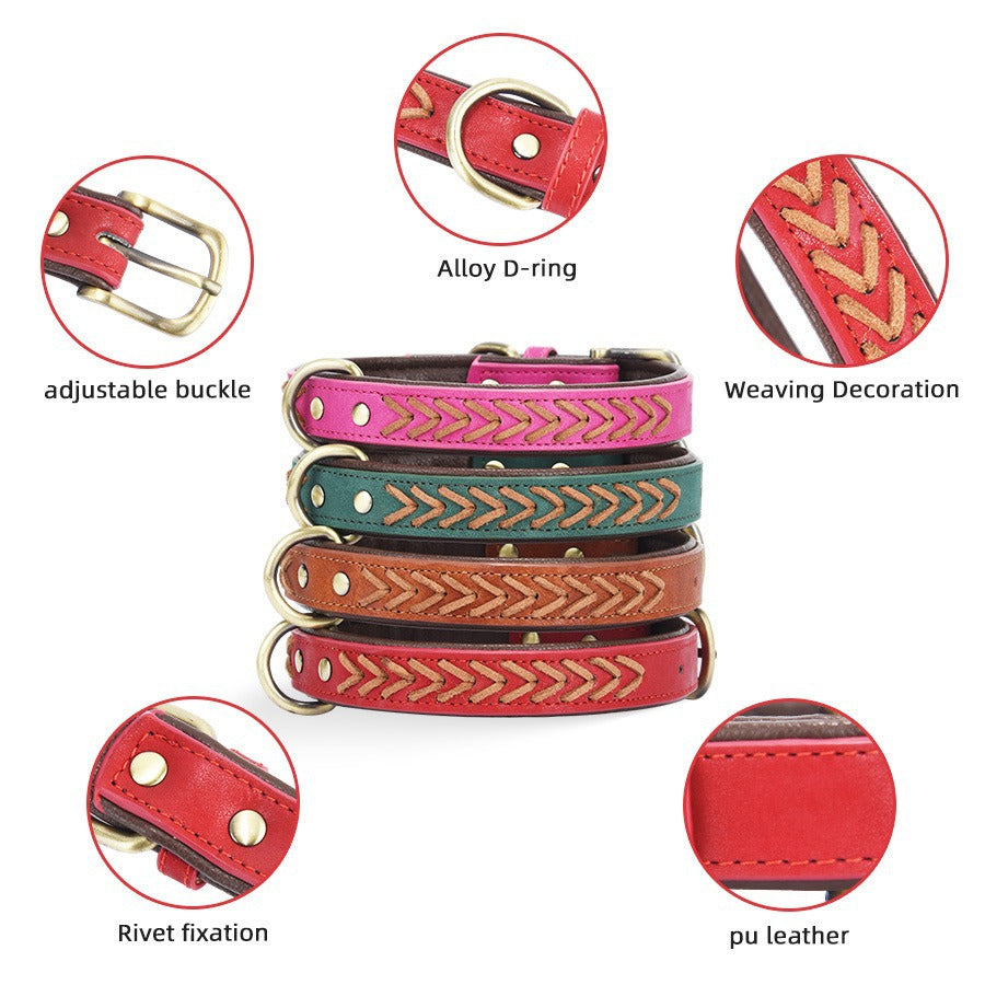 Double Layer Woven PU Leather Adjustable Belt Pet Dog Collar