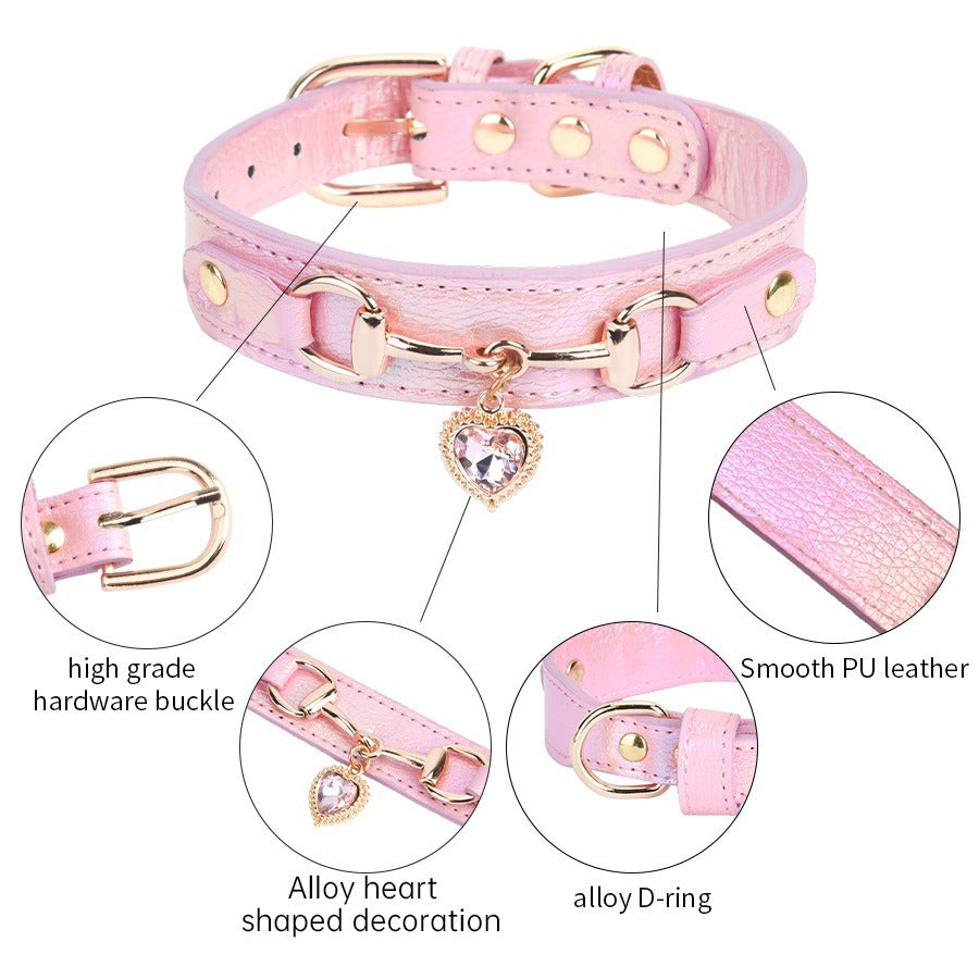 Heart Rhinestone Alloy Pendant Leather Adjustable Pet Dog Collar