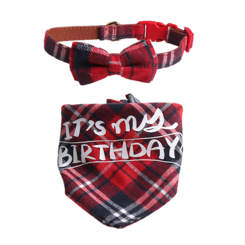 Plaid Pattern Birthday Triangle Towel Saliva Bib Bow Pet Collar