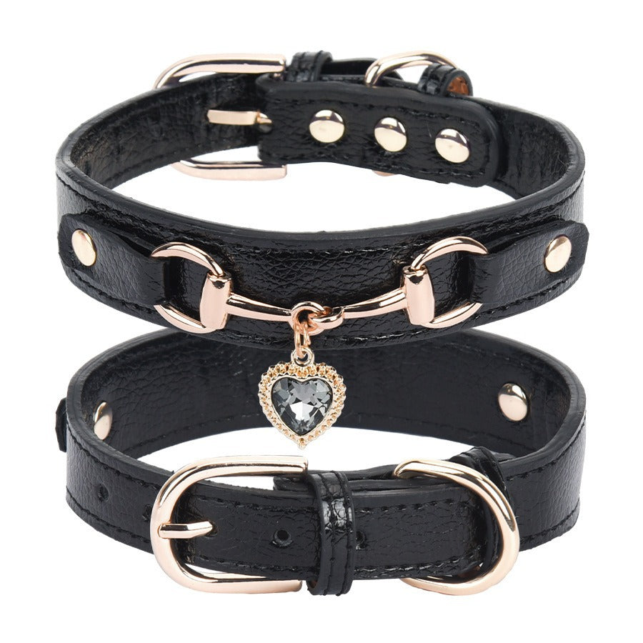 Heart Rhinestone Alloy Pendant Leather Adjustable Pet Dog Collar