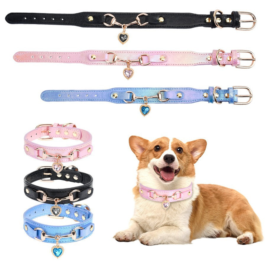 Heart Rhinestone Alloy Pendant Leather Adjustable Pet Dog Collar