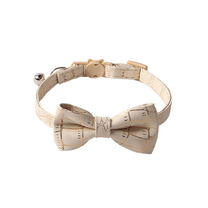 Hot Stamping Gold Soft PU Leather Bow Pet Cat Collar with Bell