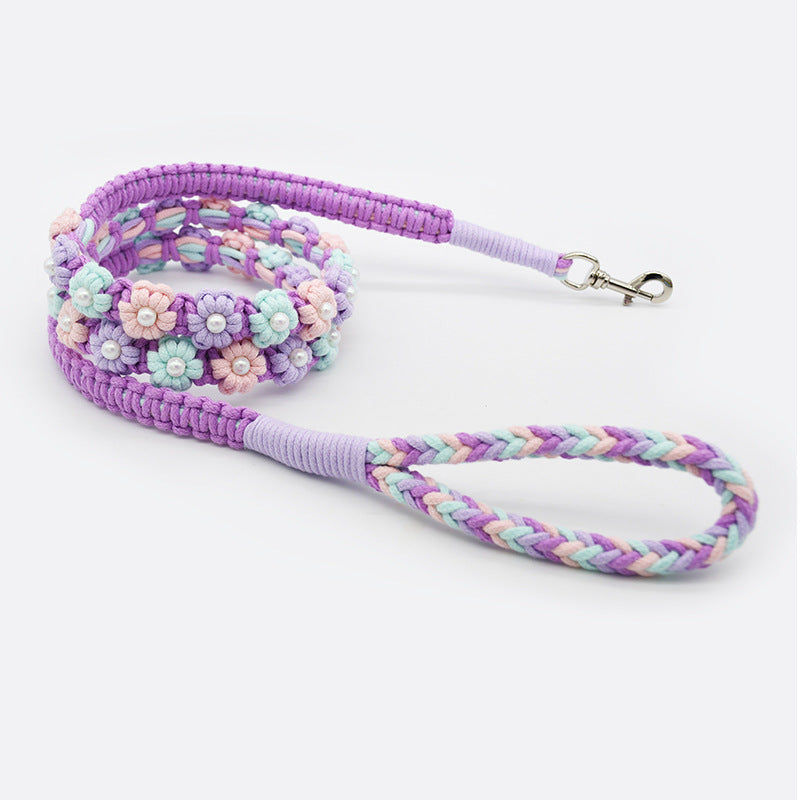 Hand Woven Flower Rope Dog Leash P-Type Metal Chain Collar Set