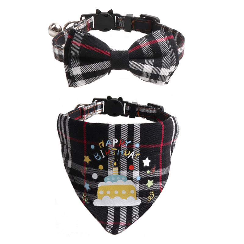 Plaid Pattern Birthday Triangle Towel Saliva Pet Bib Bow Collar