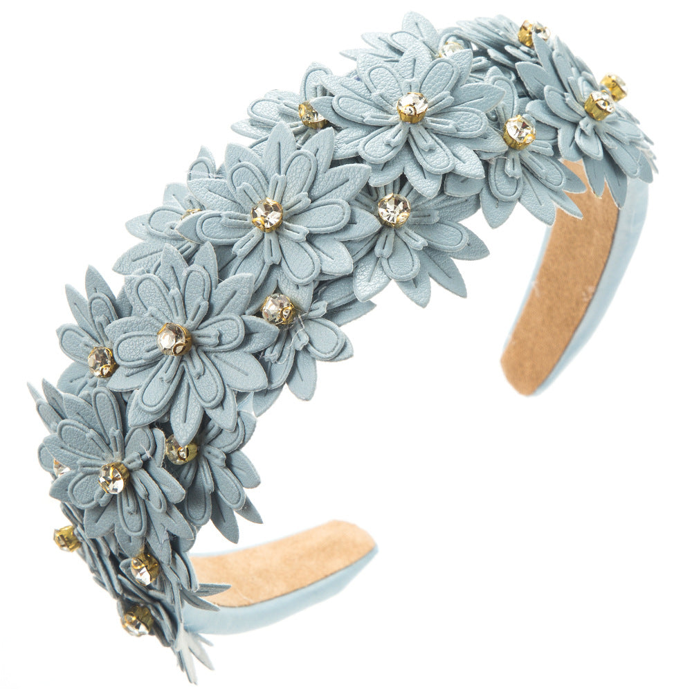 Leather Flower Sponge Headband Solid Color Hair Accessories Wholesale