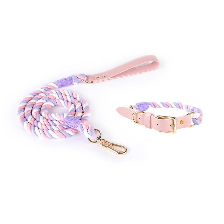 Hand Woven Colored Cotton Rope Large Dog Collar Anti-Pull Leash Set