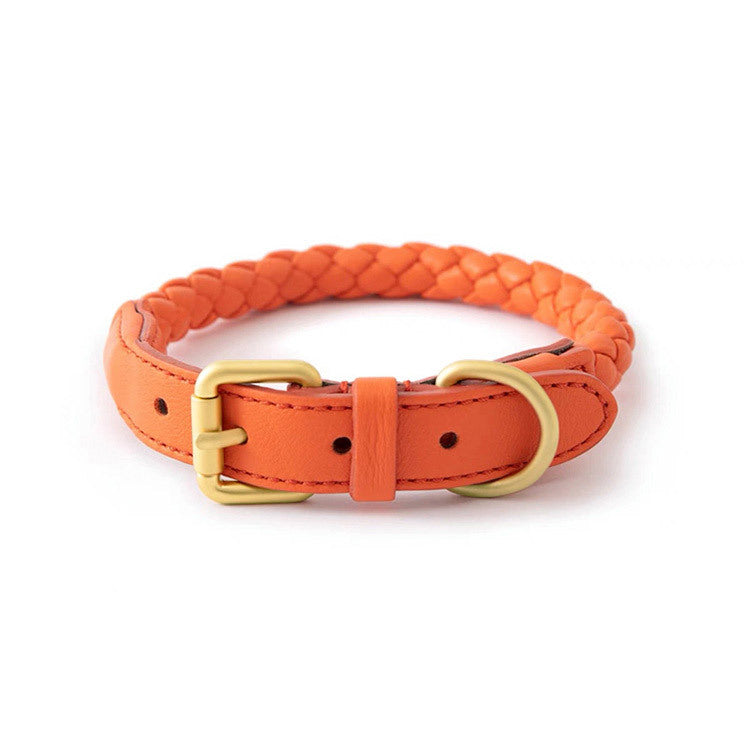 Soft Woven Leather Gold Metal Dog Anti-Pull Leash Pet Collar Set