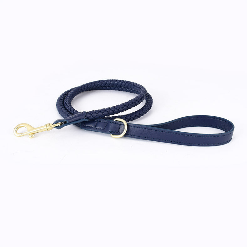 Soft Woven Leather Gold Metal Dog Anti-Pull Leash Pet Collar Set