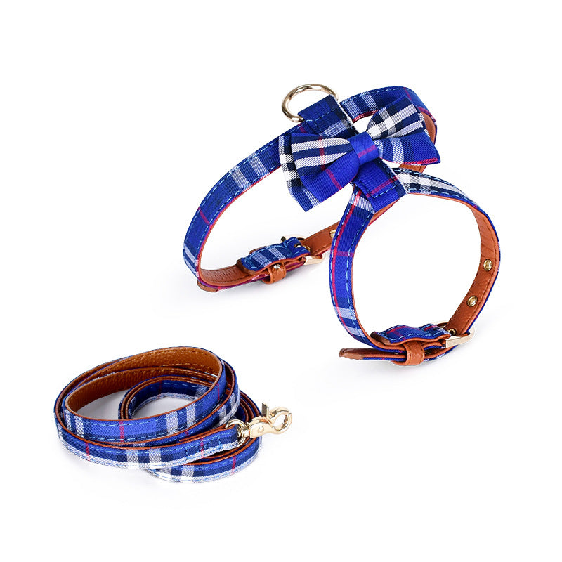 Plaid Fabric Leather Soft No Choking Small Pet Harness Leash Set