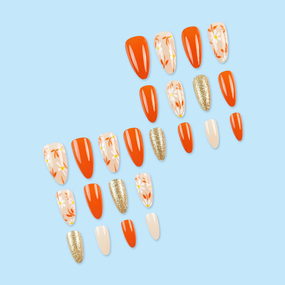 Gold Glitter Daisy Orange Water Drop Wear Nails Press on Nails 24pcs Wholesale