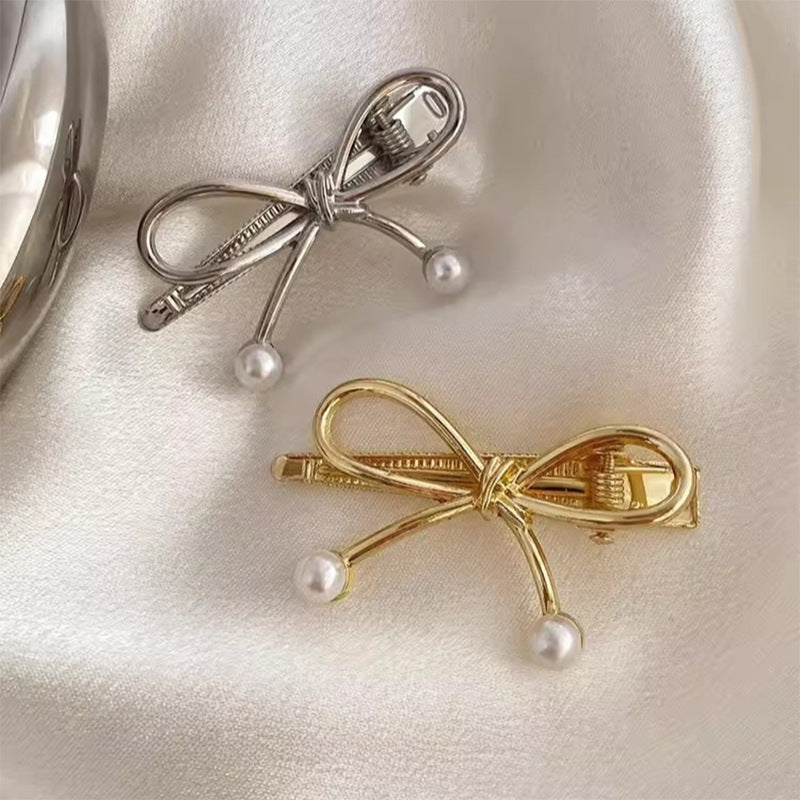 Alloy Bow Inlaid Pearl Bangs Duckbill Hair Clip Hair Accessories Wholesale