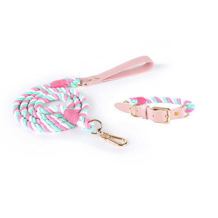 Hand Woven Colored Cotton Rope Large Dog Collar Anti-Pull Leash Set