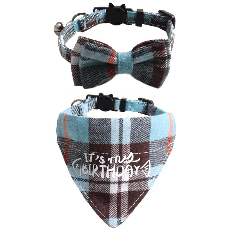 Plaid Birthday Triangle Towel Cotton Pet Saliva Bib Bow Collar