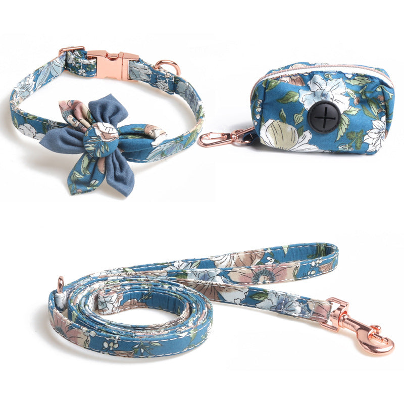 Floral Sunflower Pet Cat Dog Collar Leash Poop Bag Carrier Set