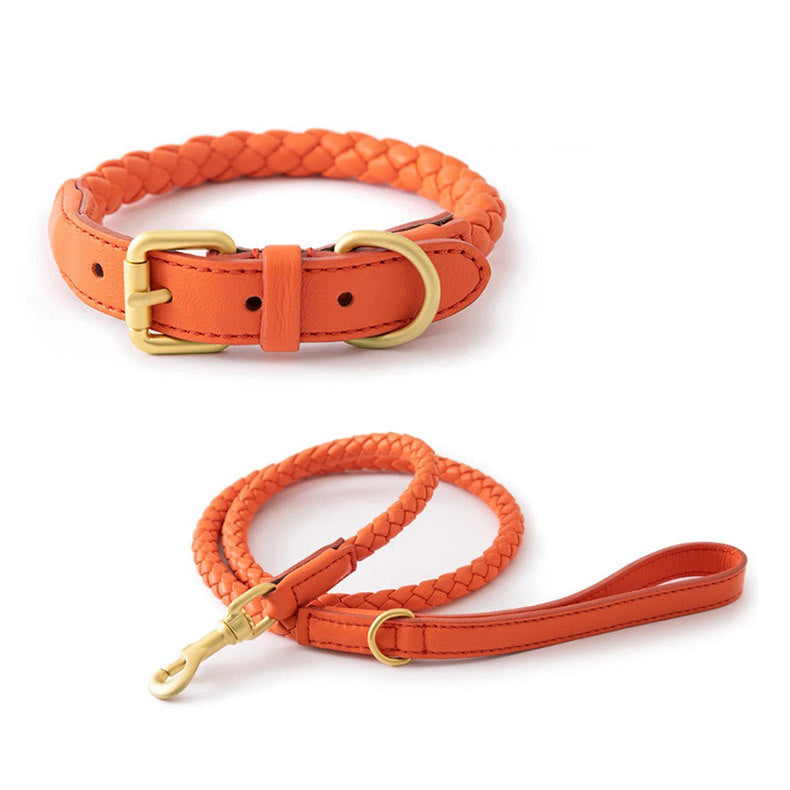 Soft Woven Leather Gold Metal Dog Anti-Pull Leash Pet Collar Set