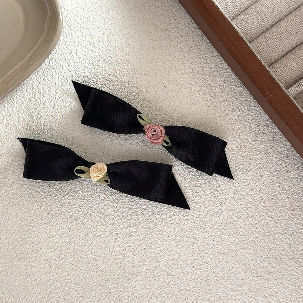 Fabric Rose Black Bow Duckbill Clip Bangs Hair Clip Hair Accessories Wholesale