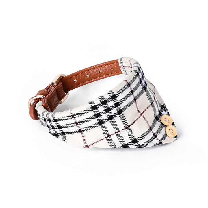 Plaid Pet Triangle Bandana Dog Scarf Collar Leather Leash Set