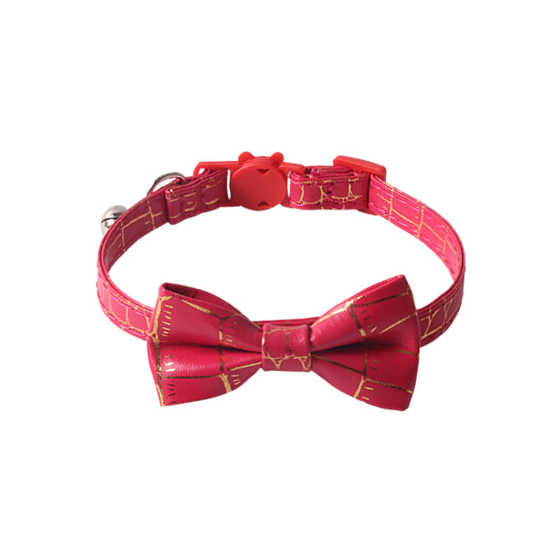 Hot Stamping Gold Soft PU Leather Bow Pet Cat Collar with Bell