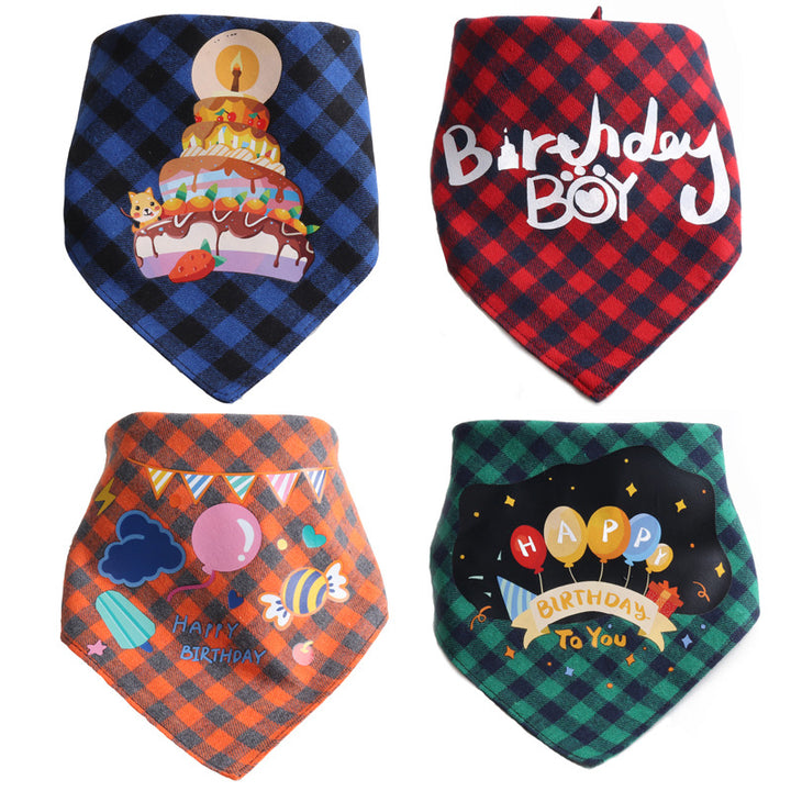 Plaid Pattern Birthday Double Side Triangle Towel Saliva Pet Bib