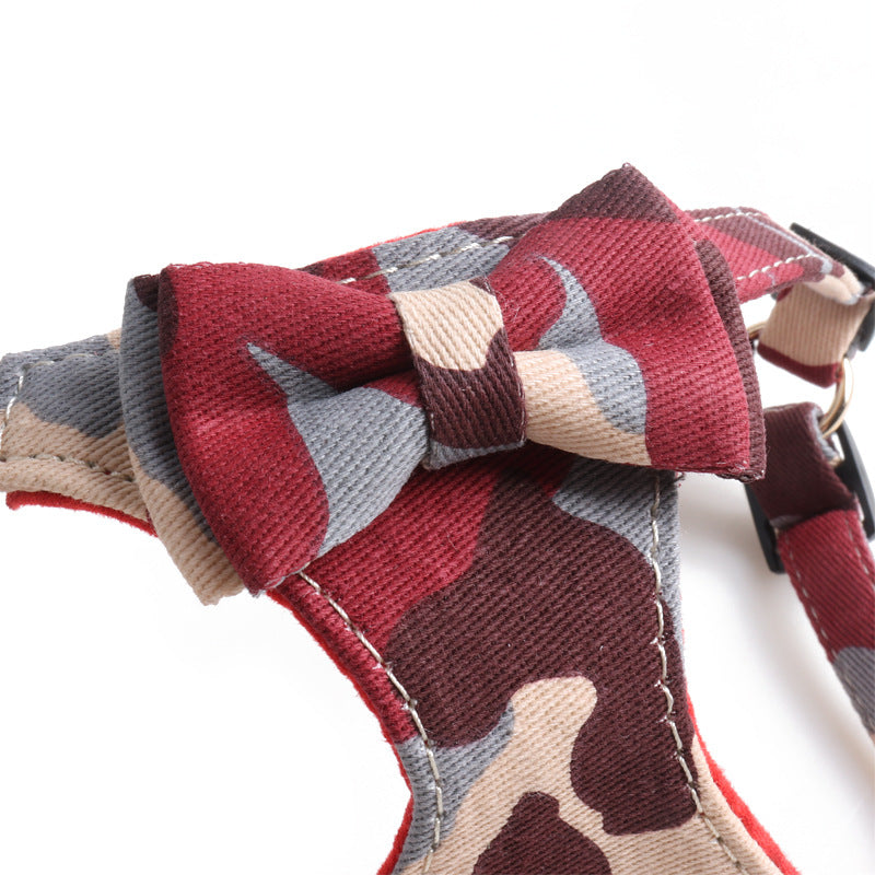 Camouflage Bow Fabric Leather Pet Dog No Choking Harness Leash Set