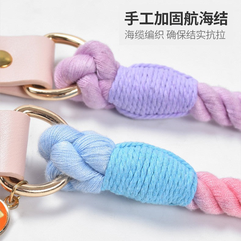 Hand Woven Colored Cotton Rope Large Dog Collar Anti-Pull Leash Set