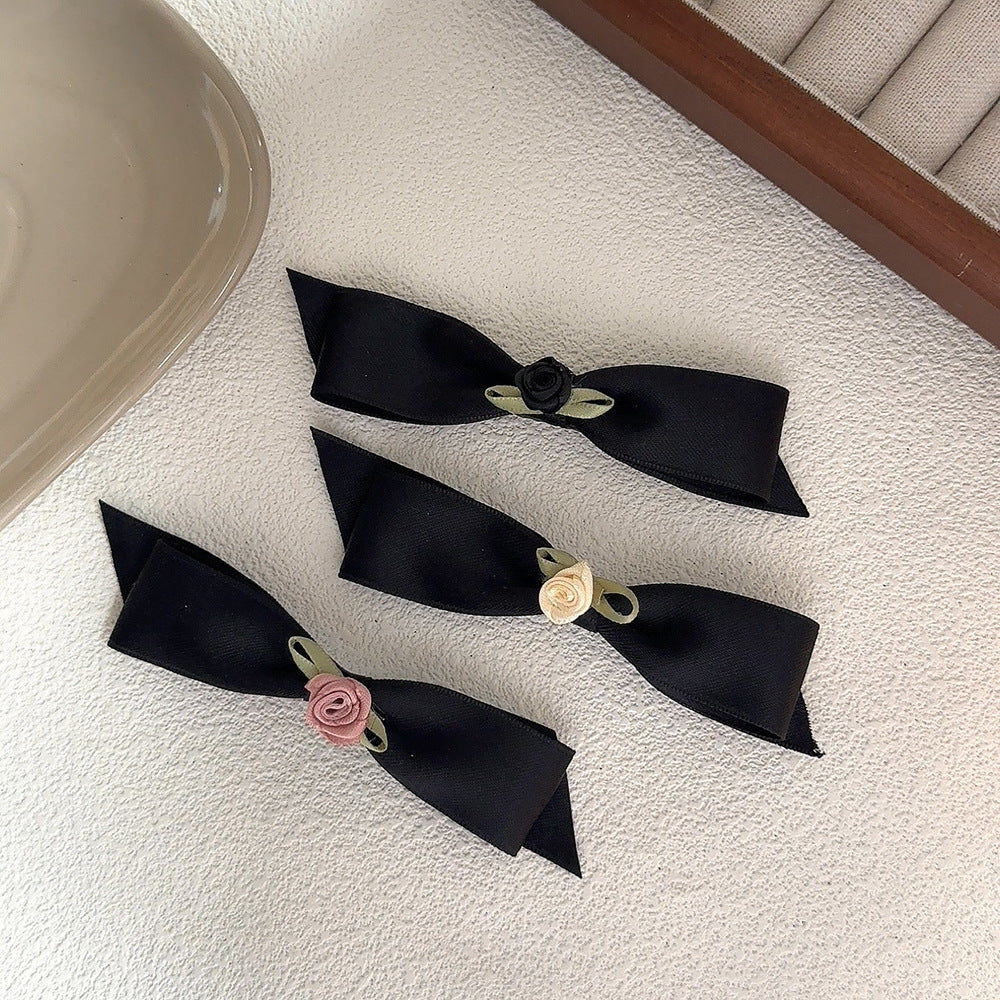 Fabric Rose Black Bow Duckbill Clip Bangs Hair Clip Hair Accessories Wholesale