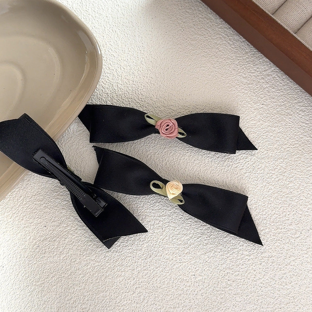 Fabric Rose Black Bow Duckbill Clip Bangs Hair Clip Hair Accessories Wholesale