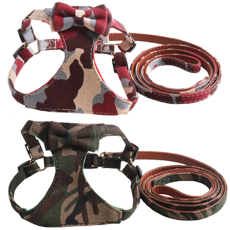 Camouflage Bow Fabric Leather Pet Dog No Choking Harness Leash Set