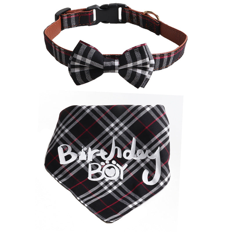 Plaid Pattern Birthday Triangle Towel Saliva Bib Bow Pet Collar