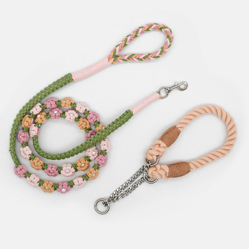 Hand Woven Flower Rope Dog Leash P-Type Metal Chain Collar Set