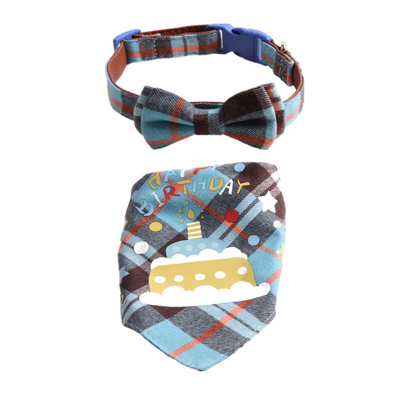 Plaid Pattern Birthday Triangle Towel Saliva Bib Bow Pet Collar