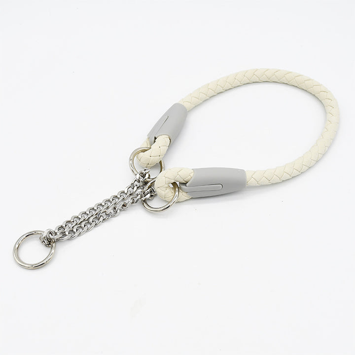 Braided Leather Dog Anti-Pull Leash Metal Chain P-Type Collar Set