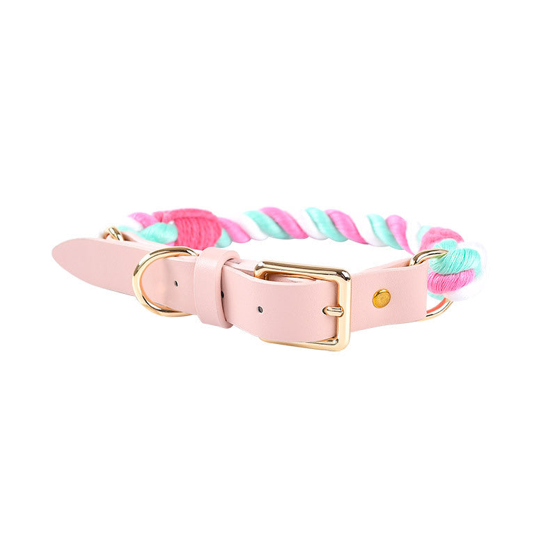 Hand Woven Colored Cotton Rope Large Dog Collar Anti-Pull Leash Set
