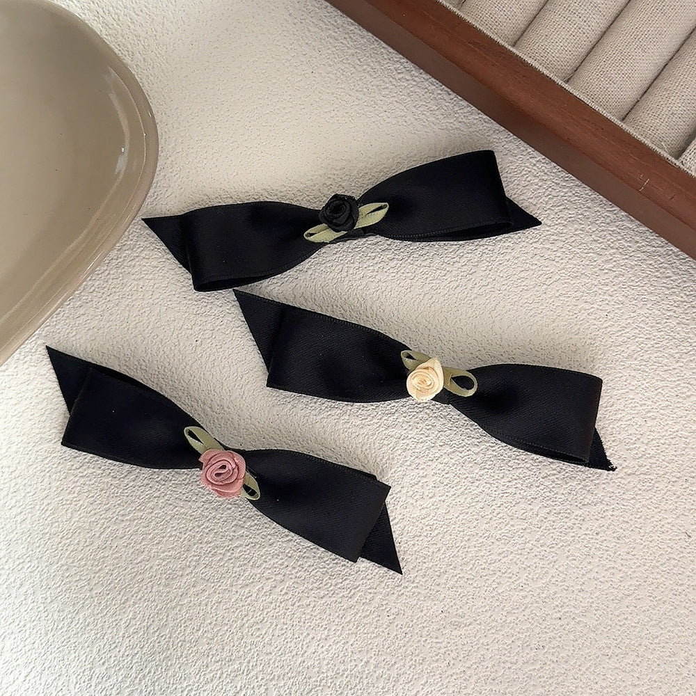 Fabric Rose Black Bow Duckbill Clip Bangs Hair Clip Hair Accessories Wholesale