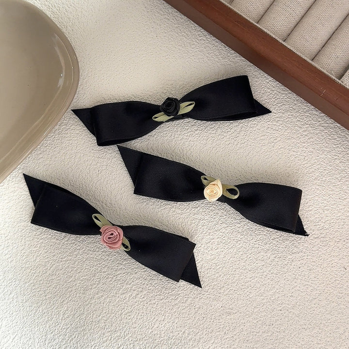 Fabric Rose Black Bow Duckbill Clip Bangs Hair Clip Hair Accessories Wholesale