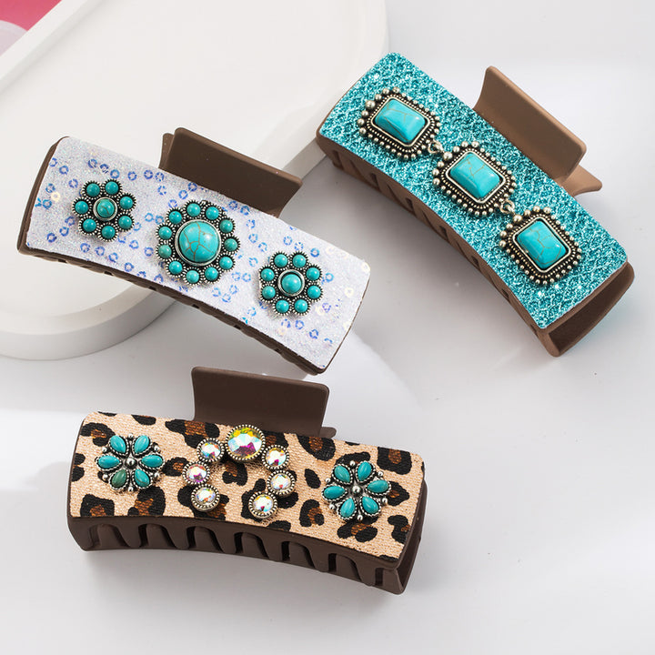 Retro Alloy Turquoise Leather Printed Hair Claw Hair Accessories Wholesale