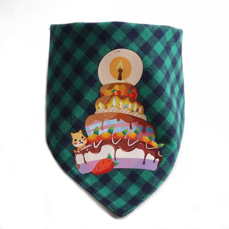 Plaid Pattern Birthday Double Side Triangle Towel Saliva Pet Bib