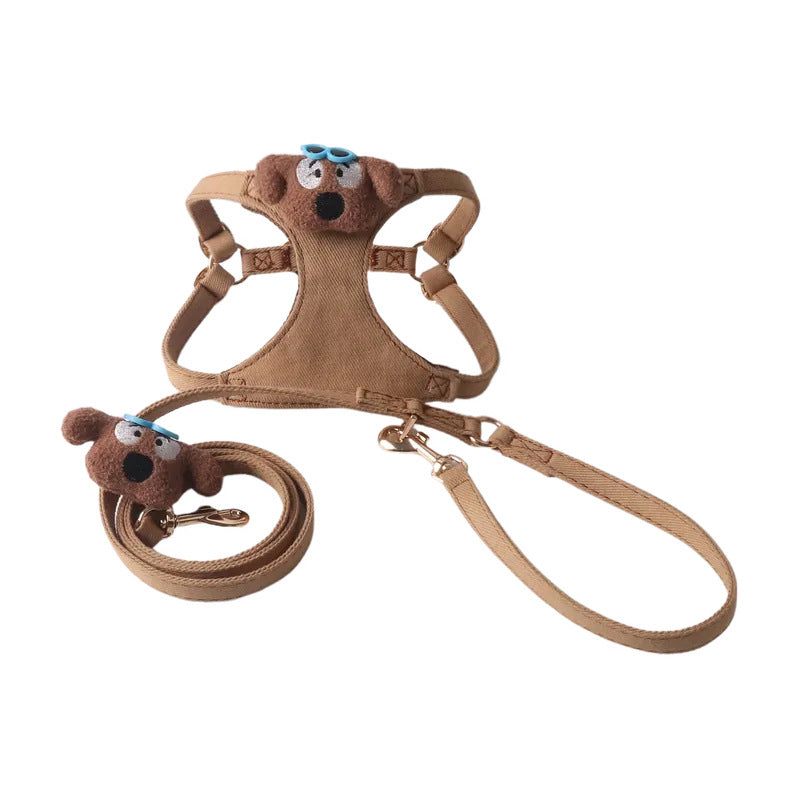 Cute Doll Denim Comfortable Pet Dog No Choking Harness Leash Set