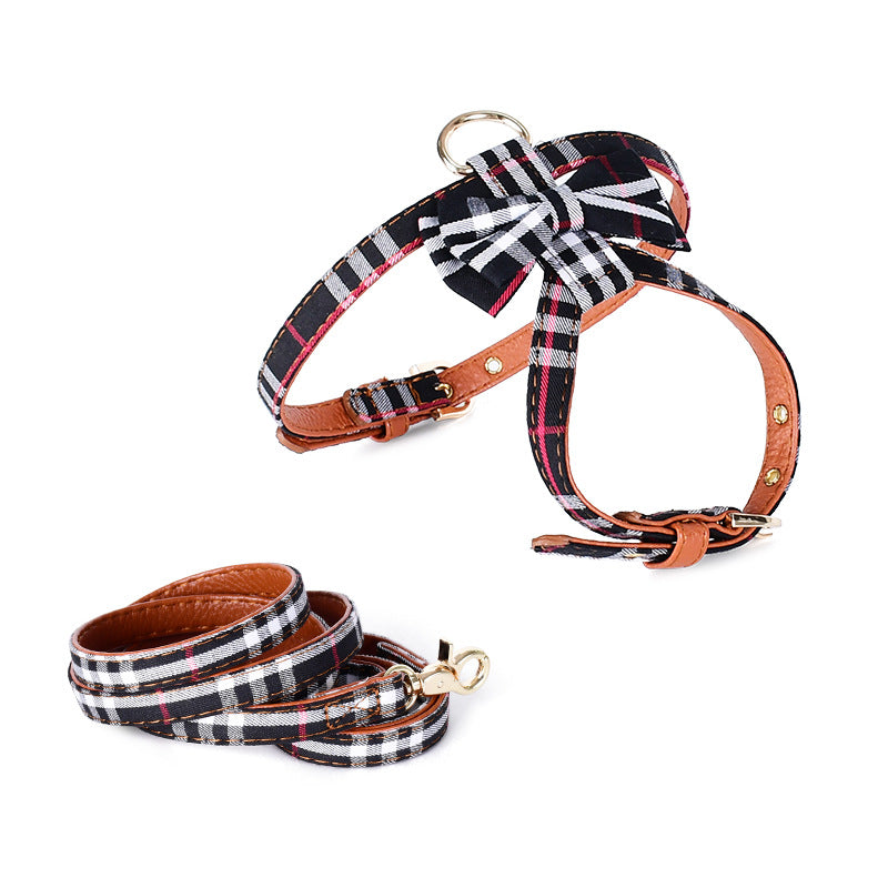 Plaid Fabric Leather Soft No Choking Small Pet Harness Leash Set
