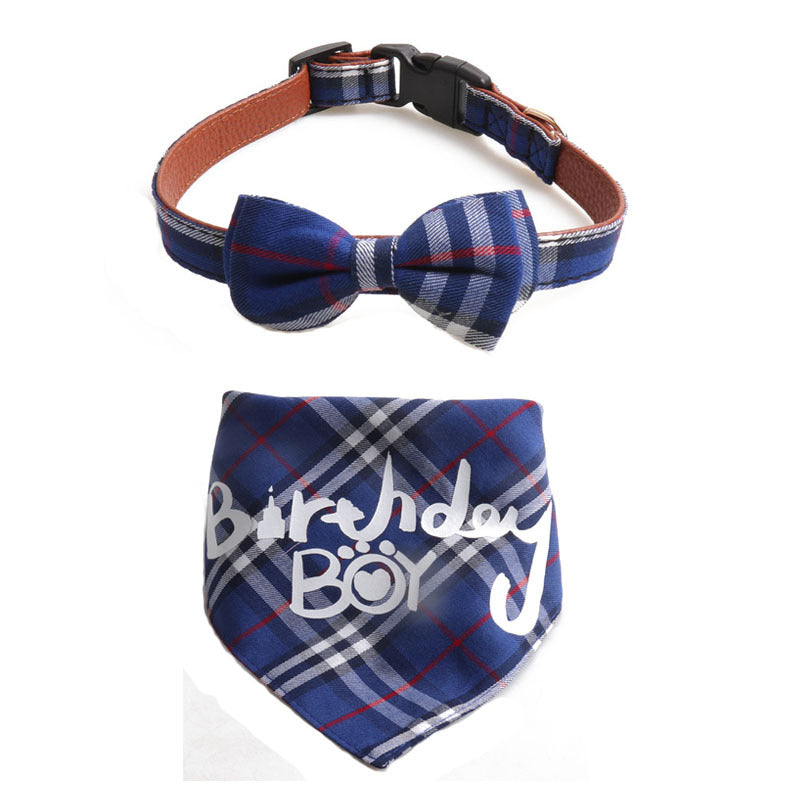 Plaid Pattern Birthday Triangle Towel Saliva Bib Bow Pet Collar