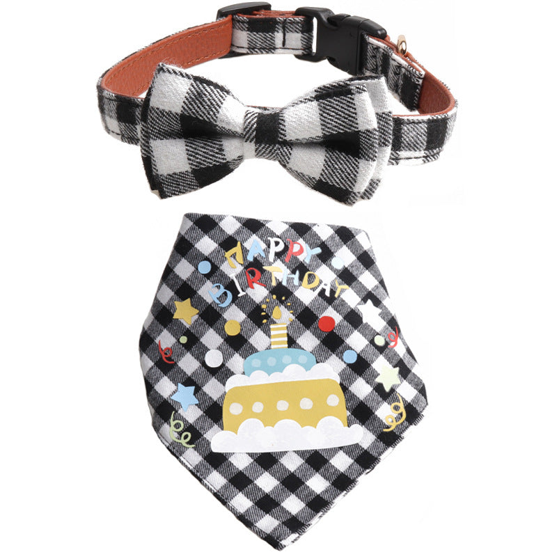 Plaid Pattern Birthday Triangle Towel Saliva Bib Bow Pet Collar