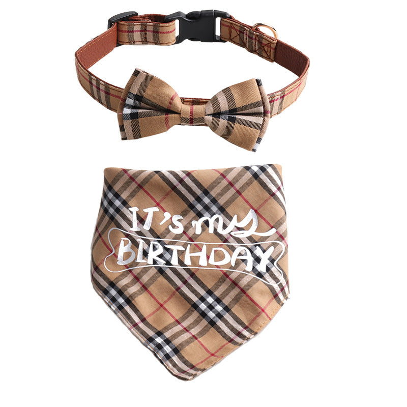 Plaid Pattern Birthday Triangle Towel Saliva Bib Bow Pet Collar