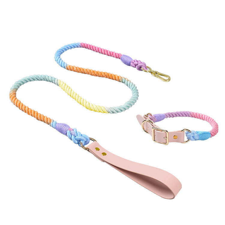 Hand Woven Colored Cotton Rope Large Dog Collar Anti-Pull Leash Set